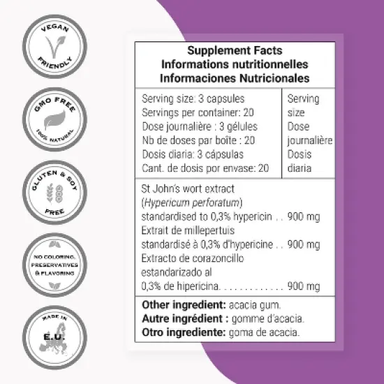 SuperSmart St John's Wort Extract 900mg per Day - High Purity 0.3% Hypericin Supplement | Non-GMO & Gluten Free - 60 Vegetarian Capsules image {3}