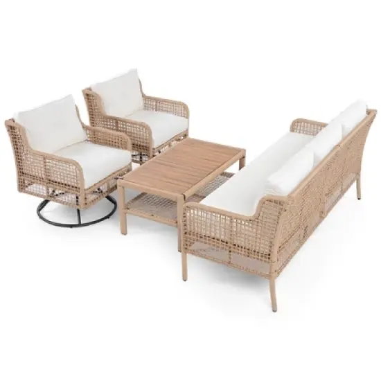 FIONECA 4-Piece Patio Furniture Set with Swivel Chairs, Outdoor Rattan Sofa Conversation Set for 5 People with Cushions & Coffee Table, Beige image {9}