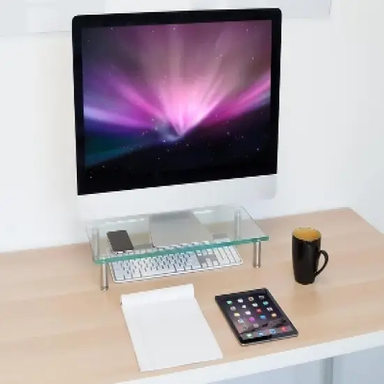 Mount-It! Clear Glass Monitor Stand Computer Desktop Riser, Tempered Glass, Fits 24, 27, 30, 32 Inch Screens, 66 Lbs. Capacity image {2}