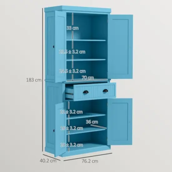 Gulches Traditional 72"H Kitchen Pantry Cabinet - Freestanding, 4 Doors, 1 Drawer, 3 Adjustable Shelves, Light Blue, 30"W x16"D image {3}