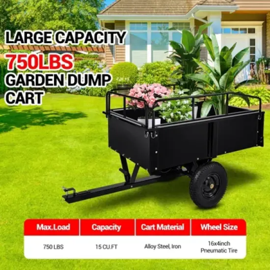 750 lbs Heavy-Duty Steel Dump Cart - 15 Cubic Feet Garden Utility Trailer with Removable Sides, Hand-Pull or Foot Pedal Dumping for ATV UTV image {2}