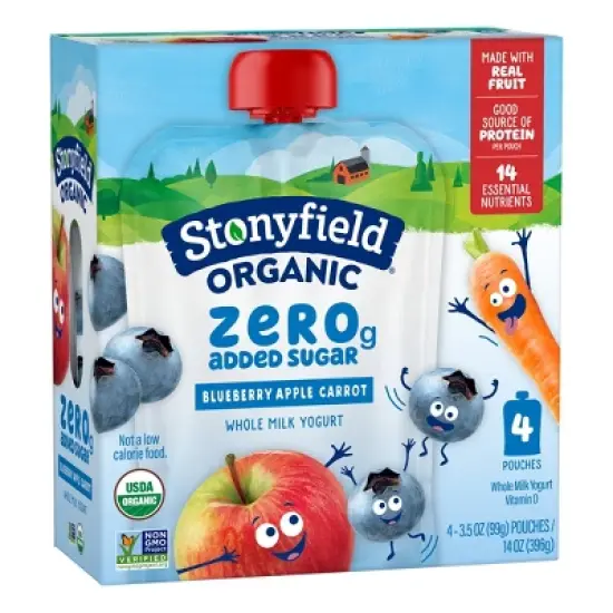 Stonyfield Kids' Organic ZERO Added Sugar Kids Pouch Blueberry Apple Carrot 3.5oz/4pk image {8}