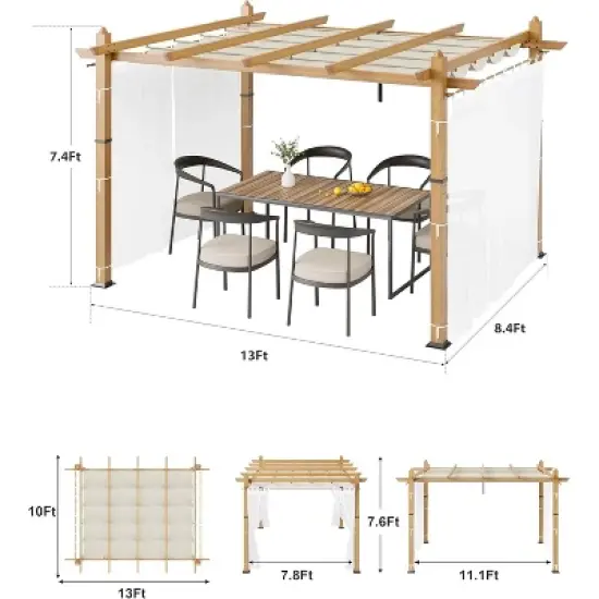 10x13ft Wood Grain Aluminum Pergola, Beige UV Block Canopy, Mesh Net, Rustproof Frame, Fast Tool-Free Assembly image {2}