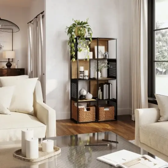 Lavish Home Freestanding 4-Tier Cube Storage Bookshelf &ndash; Industrial Wood and Metal Shelving, Oak/Black image {5}