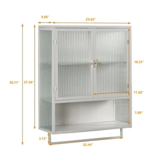 23.62" Glass Door Wall Cabinet with 2-Tier Enclosed Storage, Open Shelves and Towel Rack, White - ModernLuxe image {3}