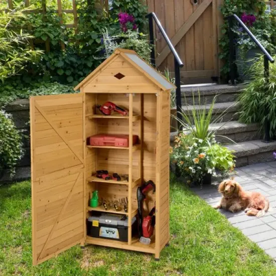 Costway Outdoor Storage Shed Lockable Wooden Garden Tool Storage Cabinet W/ Shelves image {2}