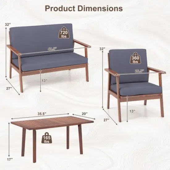 Costway 4 PCS Patio Conversation Set Acacia Wood Sofa Coffee Table with Cushioned Seat image {2}