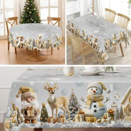 LOVEVOOK Merry Christmas Tablecloth, Snowman Tablecloth, Snowflake Table Cloths Stain Resistant Dining Table Cover for Holiday Decor image {4}