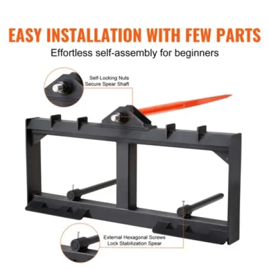 VEVOR 49" Hay Spear, Bale Spears 1600lbs Loading Capacity, Skid Steer Loader Tractor Attachment with 2pcs 17.5" Stabilizer Spears, Black image {5}