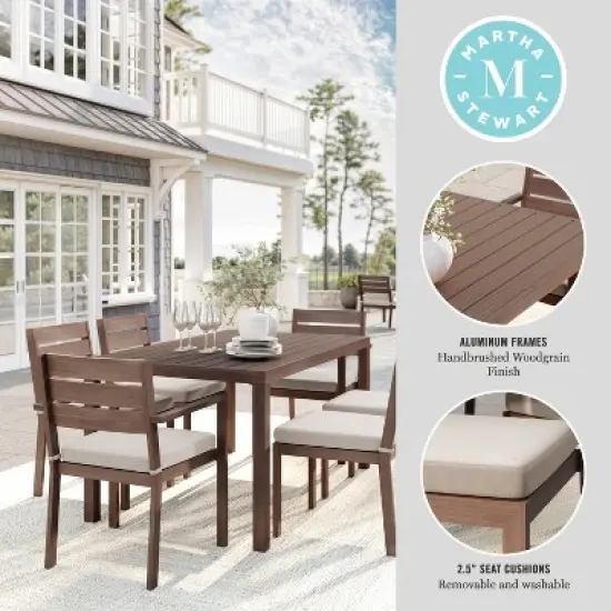 Martha Stewart Bedford Indoor-Outdoor Patio Set with 62" Table and 6 Dining Chairs with Brushed Woodgrain Aluminum Finish and All-Weather Seat Cushion image {3}