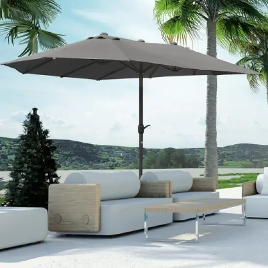 DOMETOUR 15' Steel Rectangular Patio Umbrella w/ Base, Sun Protection & Crank for Deck Pool Patio, Dark Gray image {3}