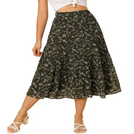 Allegra K Women's Floral Elastic Waist Tiered Ruffle Boho Midi Skirts image {10}