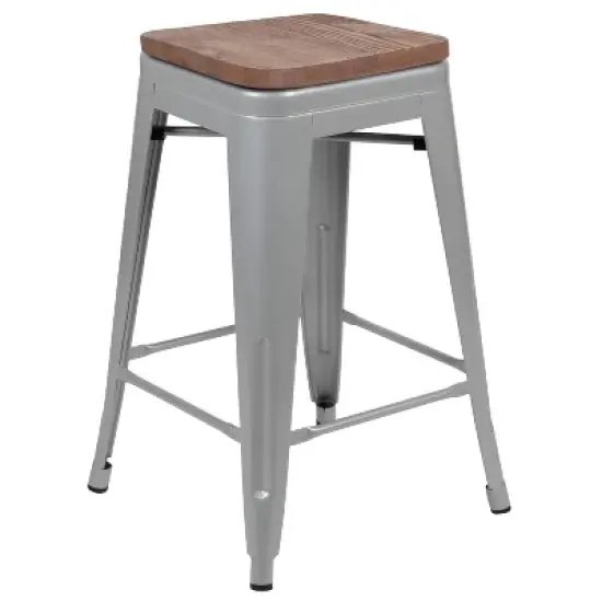 Merrick Lane 24 Inch Tall Stackable Metal Bar Counter Stool With Textured Elm Wood Seat In Set Of 4 image {4}