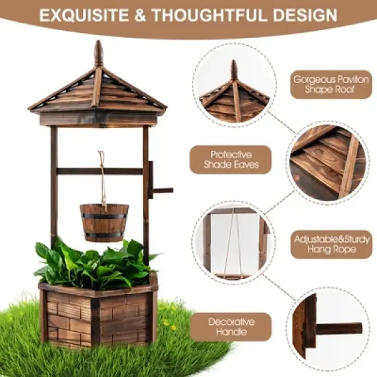 Costway Wooden Wishing Well Hexagonal Bucket Flower Plants Planter Patio Garden Decor image {8}