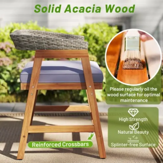 Tangkula 5PCS Patio Dining Set Solid Wood Furniture w/ Rattan Backrest & Seat Cushions image {6}