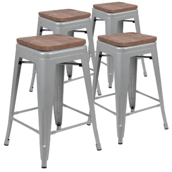 Merrick Lane 24 Inch Tall Stackable Metal Bar Counter Stool With Textured Elm Wood Seat In Set Of 4 image {14}
