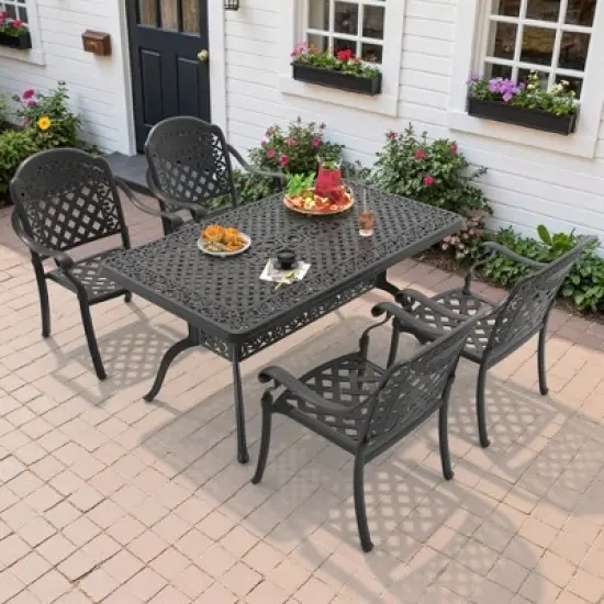 5-Piece Cast Aluminum Outdoor Dining Set: Rectangle Table, Stackable Chairs & Red Cushions - All-Weather Patio Furniture for Your Backyard image {1}