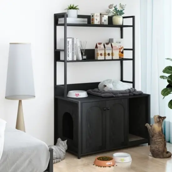 GDFStudio Philip Modern 52" Metal and Wood Cat Litter Box Enclosure with Shelf Storage image {6}