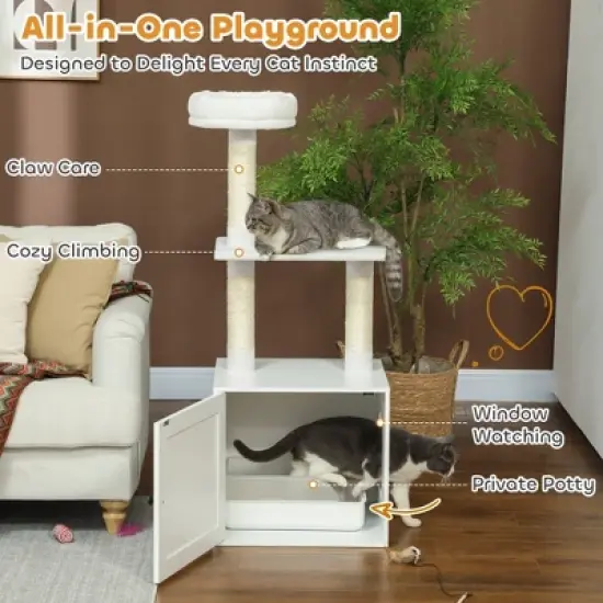 SKYONE White 3-Tier Cat Tree with Litter Box Enclosure, Scratching Posts, Climbing Platform & Top image {6}