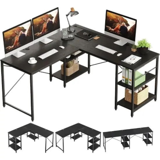 Bestier 59''L Shaped Gaming Desk with 4 Tier Adjustable Shelves,Reversible Corner Computer Desk,95"double desk for 2 person Home Office image {7}