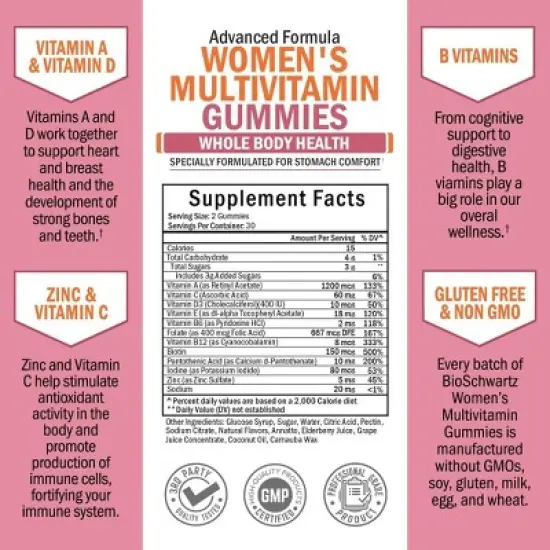 Women's Multivitamin Gummies with Vitamin A C B6 B12 D & E, Multivitamin Support for Bone, Breast, Skin, Joint & Energy Health, Bioschwartz, 60ct image {2}