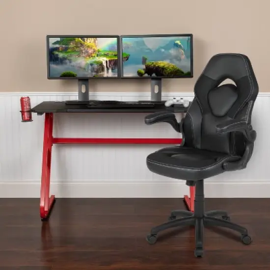 Emma and Oliver Gaming Bundle-Red Desk, Cup Holder, Headphone Hook and Black Chair image {1}
