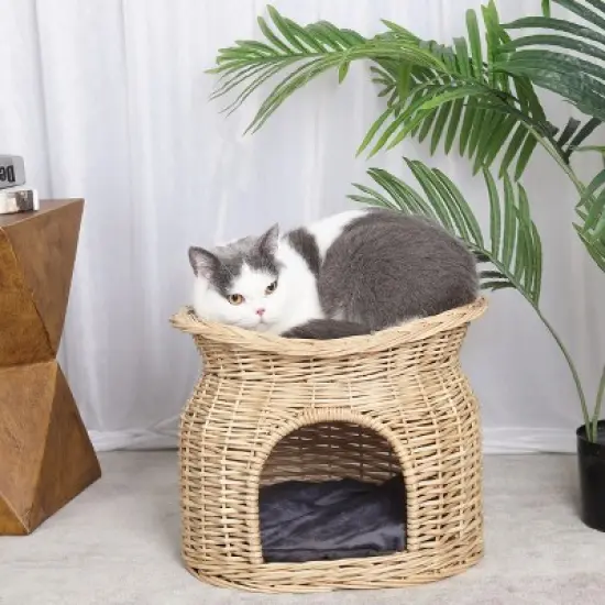 Artloge Double Handwoven Rattan Elevated Cat Bed Dome Wicker Pet Basket Elevated Pet Condo Indoor with Soft Cushions for Multiple Kittens image {8}