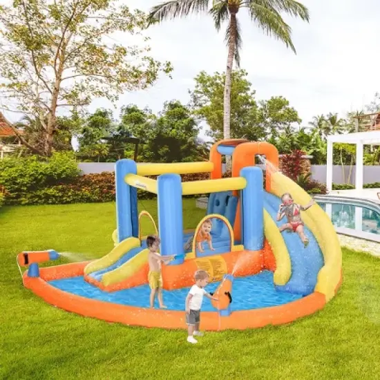 Outsunny Kids Inflatable Water Slide 5-in-1 Bounce House Water Park Jumping Castle with Water Pool, Slide, Climbing Walls, Water Cannons, Air Blower image {2}