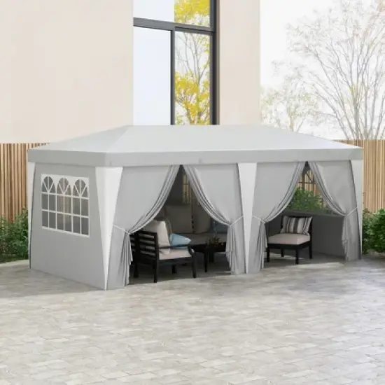Resenkos Backyard Garden Canopy, Camping Canopy Screen Tent,19 x 10' Pop Up Canopy with Removable Sidewalls, Windows, Gray Light Gray image {2}
