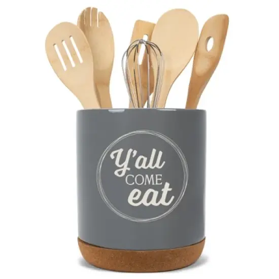 Elanze Designs Y'all Come Eat Southern Accent Ceramic Cork Bottom Gray Large Capacity Utensil Holder Crock for Countertop Storage, Stylish & Durable image {4}