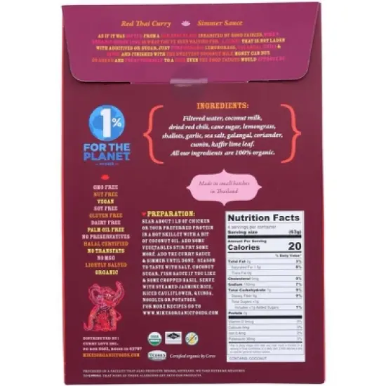 Mike's Organic Curry Love Red Thai Curry Sauce - Case of 6/8.8 oz image {2}