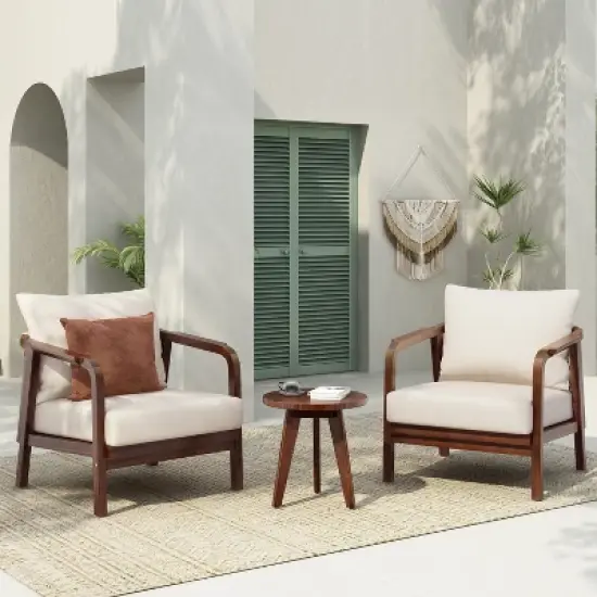 Christopher Knight Home Sylas 3 Piece Modern Acacia Wood Patio Seating Set with Woven Backrest and Deep Cushions image {1}