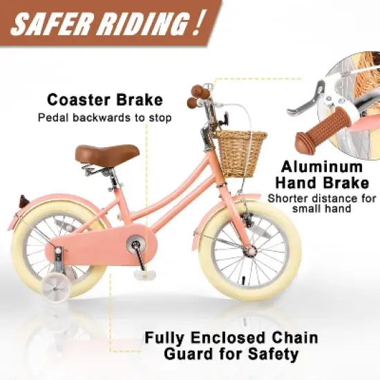 Itopfox Retro Cruiser Girls Bike for Children Ages 3-5 Years Old, Kids Bicycle with Wicker Basket & Training Wheels, Peach image {2}