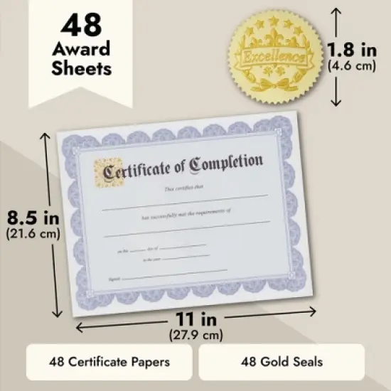 Best Paper Greetings 48 Sheets Blue Certificate of Completion Award Paper with Gold Foil Stickers Seals for Graduation Diploma, 8.5 x 11 In image {4}