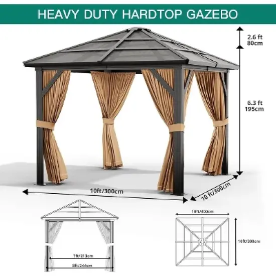 10x10 FT Hardtop Gazebo for Patio, Outdoor Polycarbonate Canopy with Aluminum Frame, Netting & Curtains, Permanent Garden Pavilion for Deck, Lawn image {3}