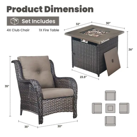 POCASSY 5-Piece Patio Furniture Set with Fire Pit Table, Outdoor Seating Set with 50000 BTU Fire Pit, All-Weather Wicker Patio Bent Armchair image {10}