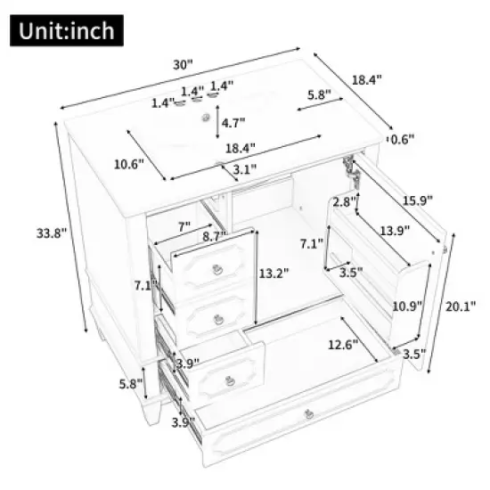 JUJABU 30" Freestanding Bathroom Vanity with Ceramic Basin, Soft-Close Door, 3 Drawers & Storage Shelves image {3}