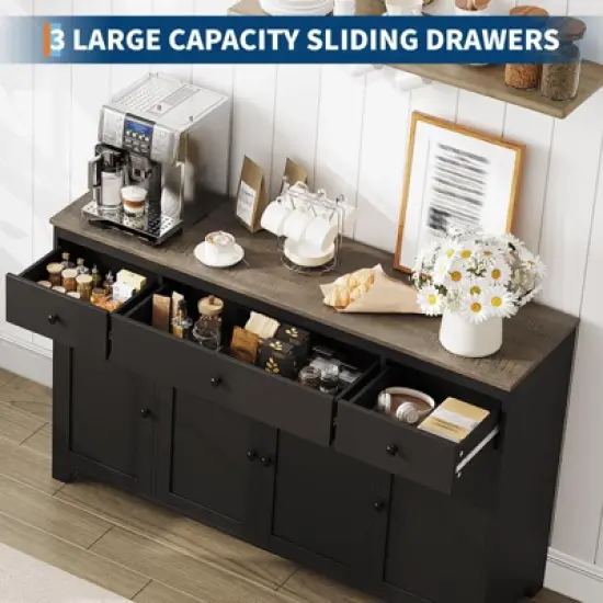 55 Large Sideboard Buffet Cabinet with 3 Drawers & Doors Farmhouse Kitchen Storage Cabinet Console Table Coffee Bar Buffet Table with Adjustable Shelf image {2}