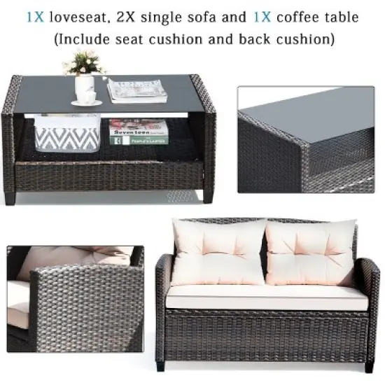 Costway 4PCS Outdoor Rattan Furniture Set Cushioned Sofa Armrest Table image {8}