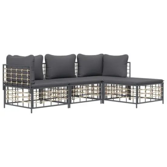 vidaXL 4-Piece Outdoor Furniture Set with Cushions, Weather-Resistant Poly Rattan, Steel Frame, Textilene Material, Anthracite Dark Gray Lounge image {2}