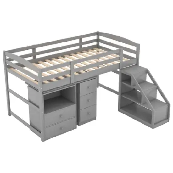 Twin Size Loft Bed with Multifunctional Movable Built-in Desk and Staircase-ModernLuxe image {5}