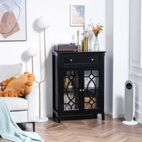 HOMCOM Kitchen Cabinet, Storage Cabinet, Sideboard Floor Accent Cabinet w/ 2 Glass Doors, Drawer, Adjustable Shelves for Living Room Entryway, Black image {2}