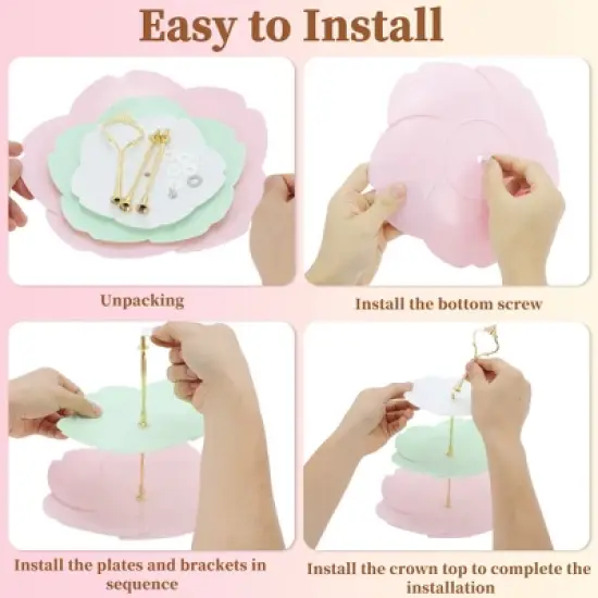 Unique Bargains 3 Tier Dessert Cupcake Stand Flower Shape Cup Cake Holder Tower White Pink Green image {3}