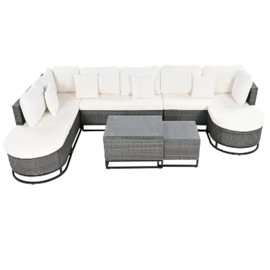 FIONECA 7-Piece Large Outdoor Wicker Sofa Set with 2 Coffee Tables & Pillows, Patio Rattan Sectional Furniture for Garden, Deck, Beige image {11}