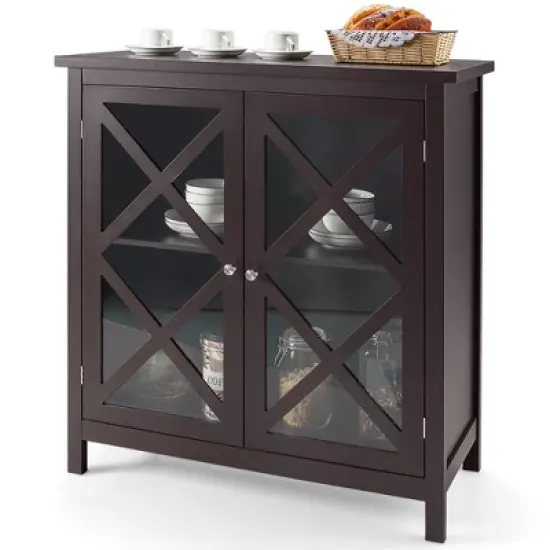 Costway Kitchen Buffet Sideboard Storage Cabinet w/Glass Doors & Adjustable Shelf White\Brown image {9}
