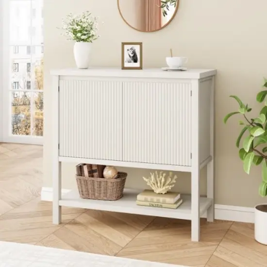 GustoWave Modern Console Table with Storage, White Entryway Cabinet with Wave Pattern Doors and Open Shelf, Wooden Buffet Sideboard Sofa Table image {2}