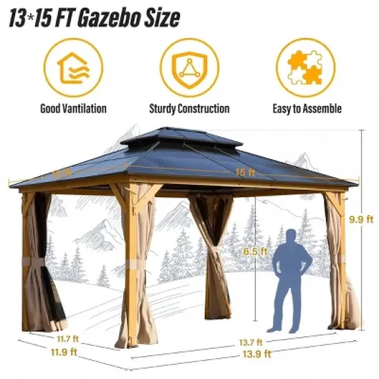 EROMMY 15 Ft. W X 13 Ft. D Solid Wood Patio Gazebo image {2}