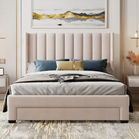 Velvet Upholstered Platform Bed, Storage Bed with a Big Drawer-ModernLuxe image {1}