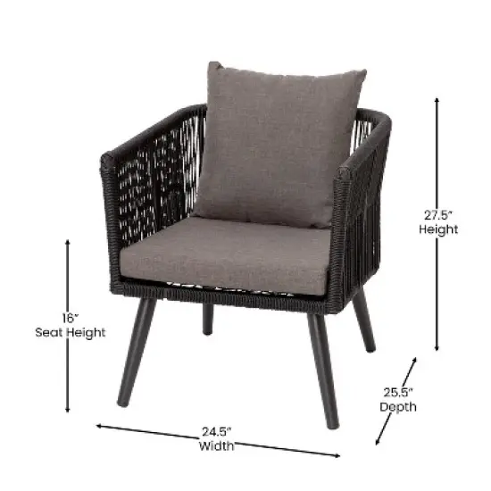 Emma and Oliver Black & Gray Woven All-Weather Four-Piece Conversation Set with Cushions & Metal Coffee Table for Porch, Backyard and Patio image {10}