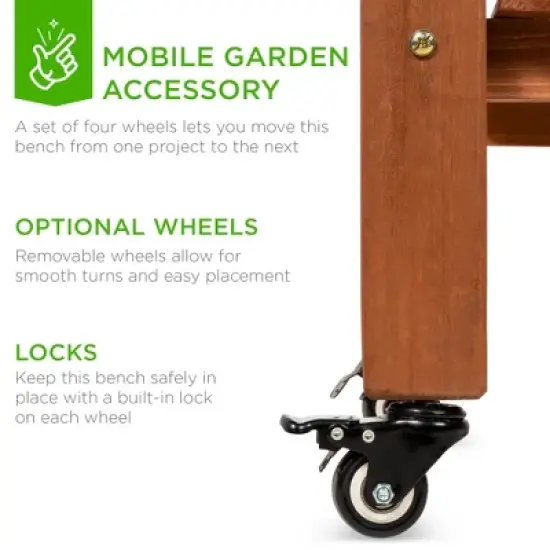 Best Choice Products Wood Garden Potting Bench Workstation Table w/ Sliding Tabletop, 4 Locking Wheels, Dry Sink image {3}